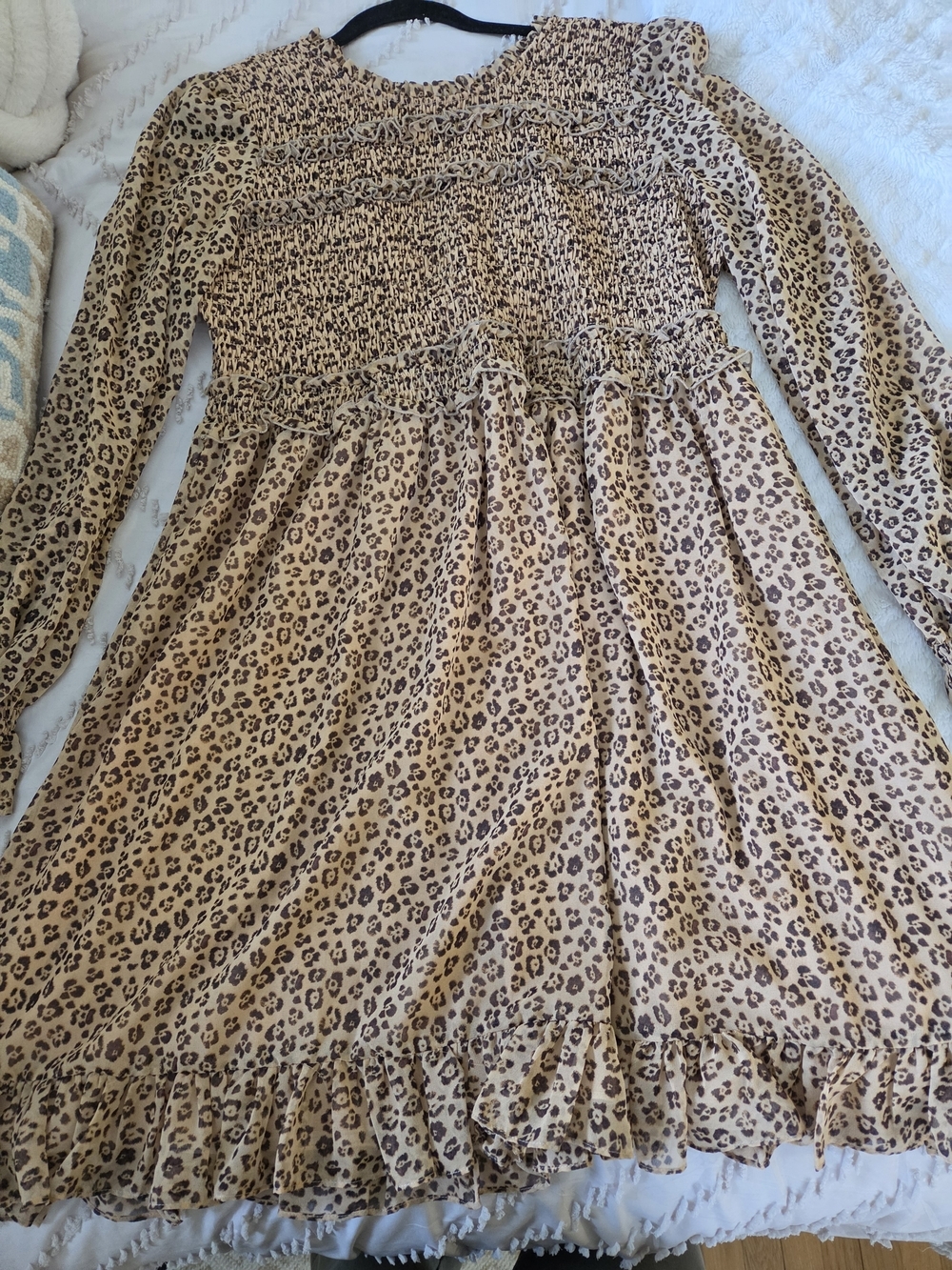 Rachel Parcell Long Sleeve Leopard Print Smocked Dress - Tan & Brown